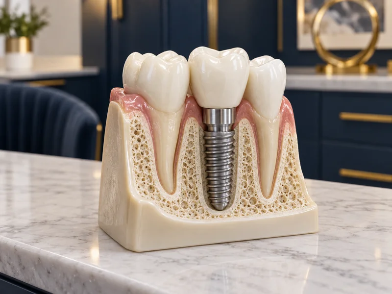 Dental implant model showing titanium post and porcelain crown