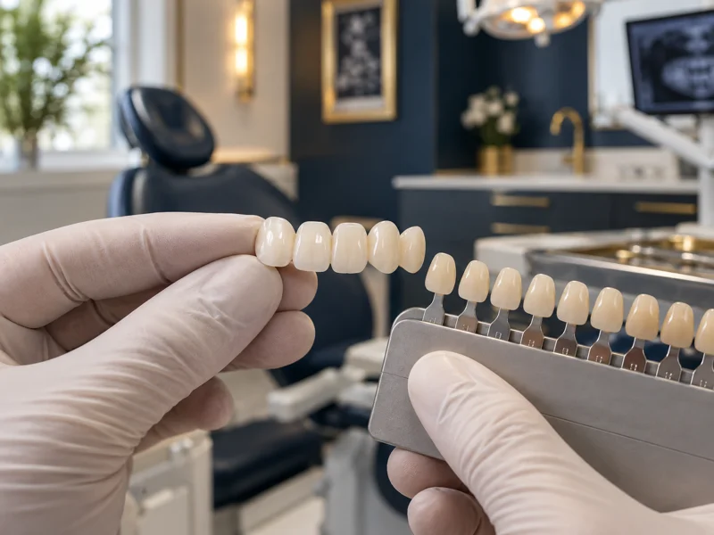 Porcelain dental veneers with shade guide at Helena Family Dentistry